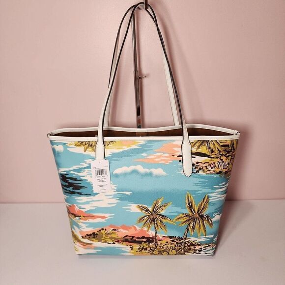 NWT Coach CJ599 City Tote with Hawaiian Print in Canvas & Leather Blue Multi - Picture 3 of 7